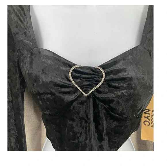 Madden NYC Crop Top Women M Black Velvet Rhinestone Heart Glam Dark Corquette - Picture 2 of 12